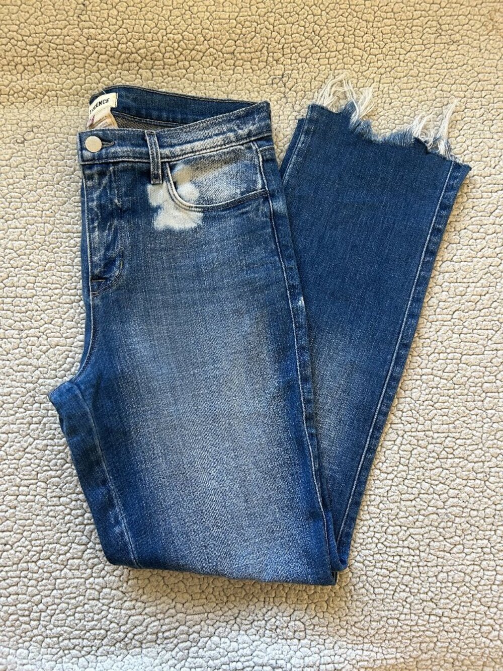 L'Agence - high rise slim straight jeans, dark wash, acid wash details, size 28